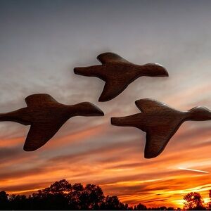 Set of three vintage wood pins. Flying geese. Signed.
